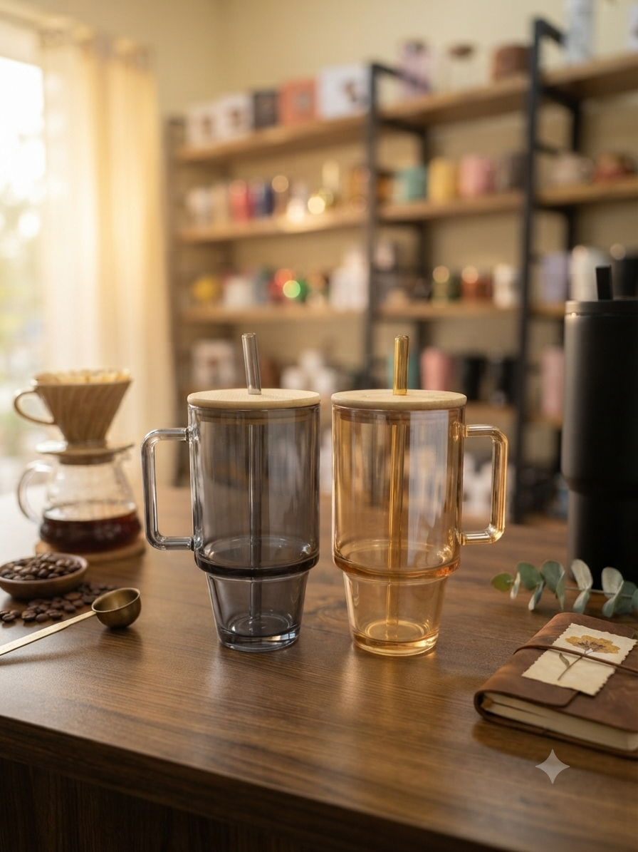 Premium Heavy-Duty Glass Tumbler with Handle, Bamboo Lid & Straw