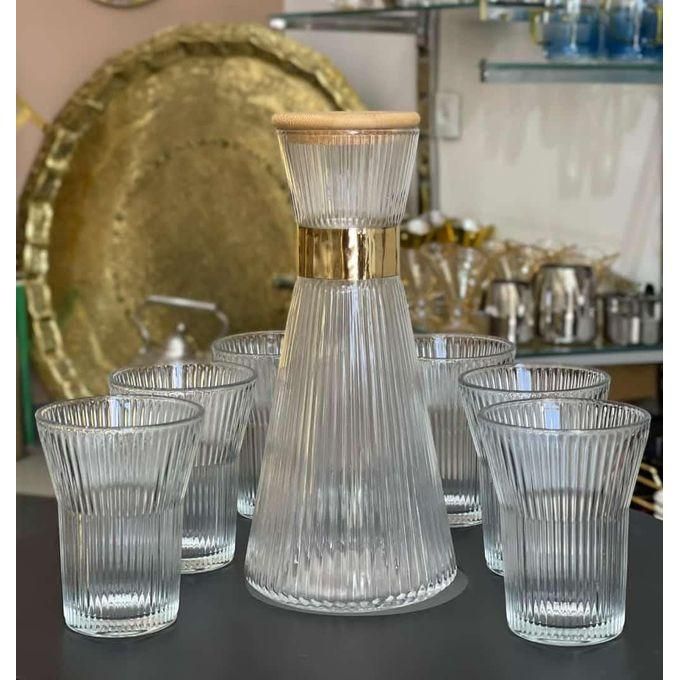 7-Piece Ribbed Glass Water Pitcher and Tumbler Set with Gold Rim