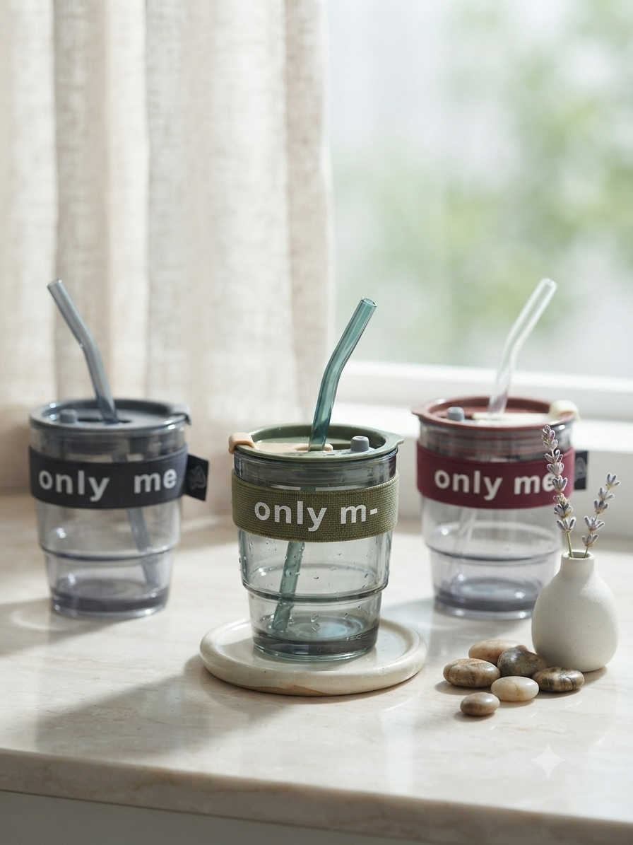 Only Me" Minimalist Glass Tumbler with Sleeve & Straw