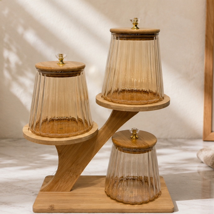 Fluted Kitchen Canisters with Bamboo Lids for Sugar, Coffee, Tea, and Countertop Storage Organizer