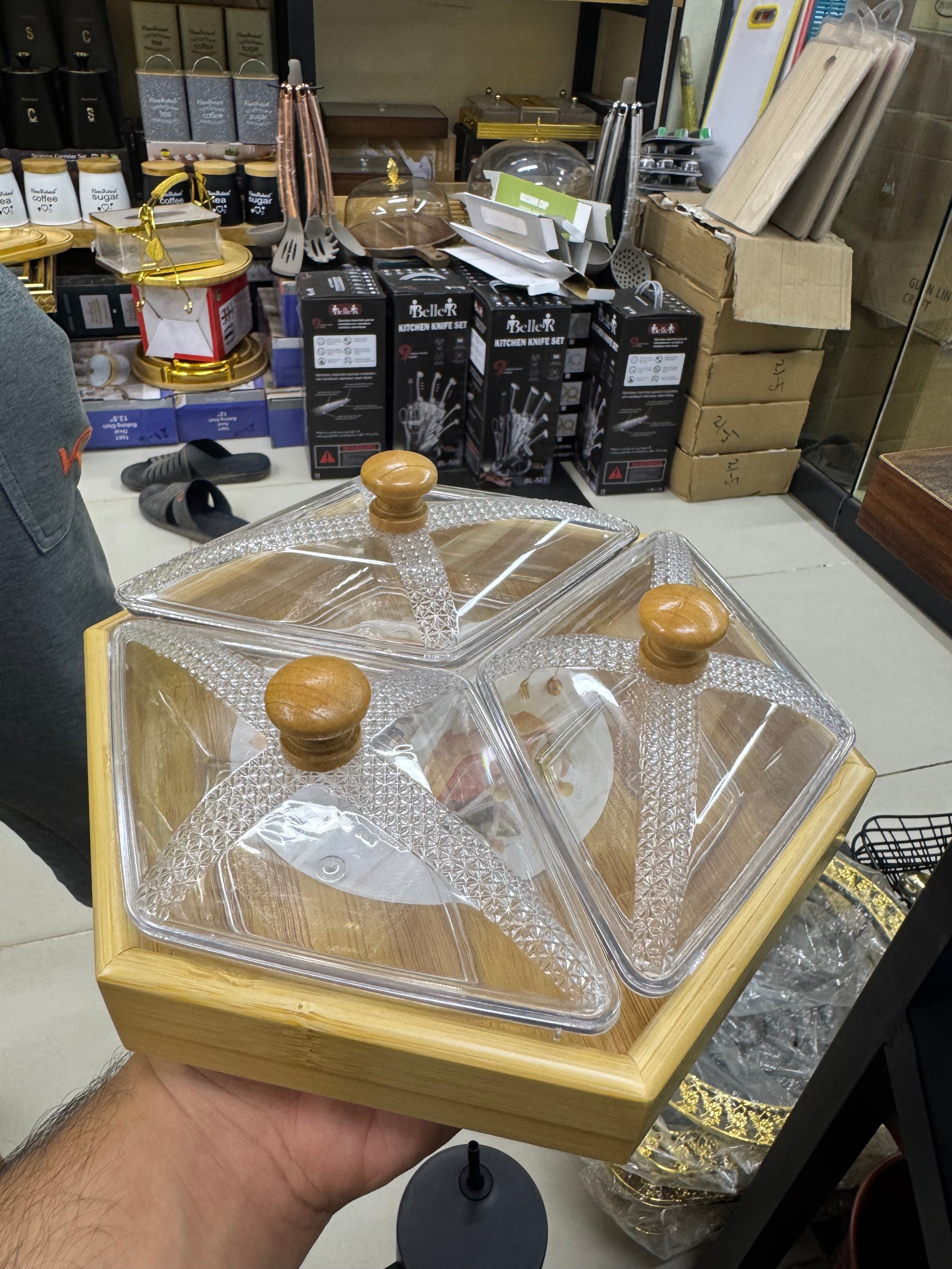 Artisanal Hexagonal Multi-Compartment Serving Tray with Lids
