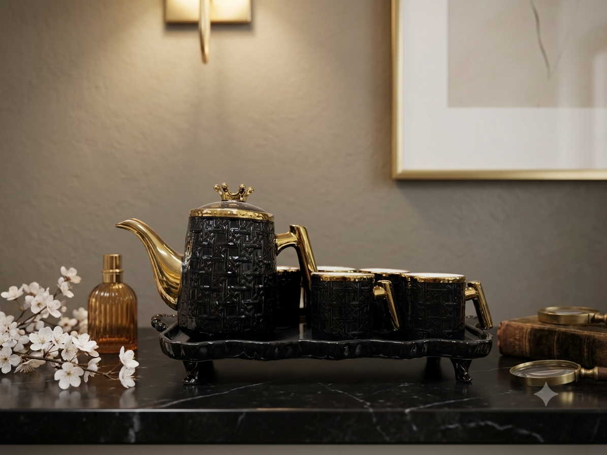The Royal Crown 7-Piece Ceramic Tea Set – Black & Gold