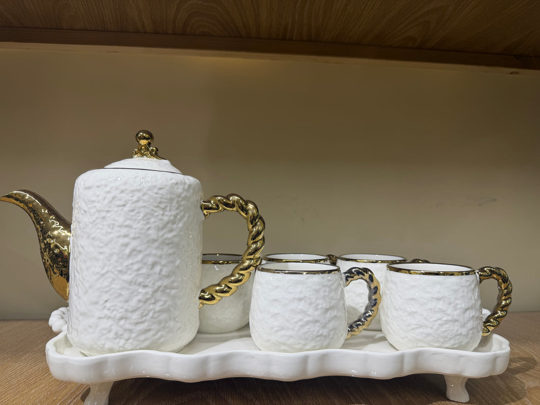 Vintage-Inspired Textured Ceramic Tea Set with Gold-Gilded Handles – 6-Piece Set with Tray