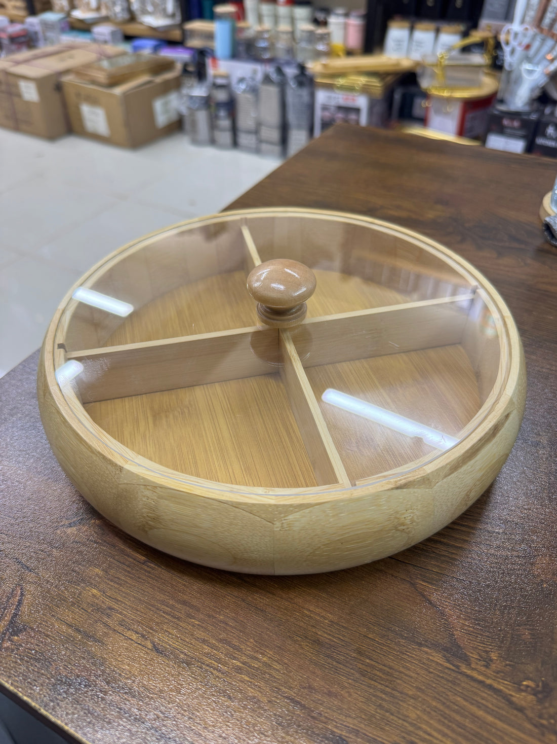 Natural Bamboo Compartmentalized Snack and Dried Fruit Serving Box with Transparent Lid