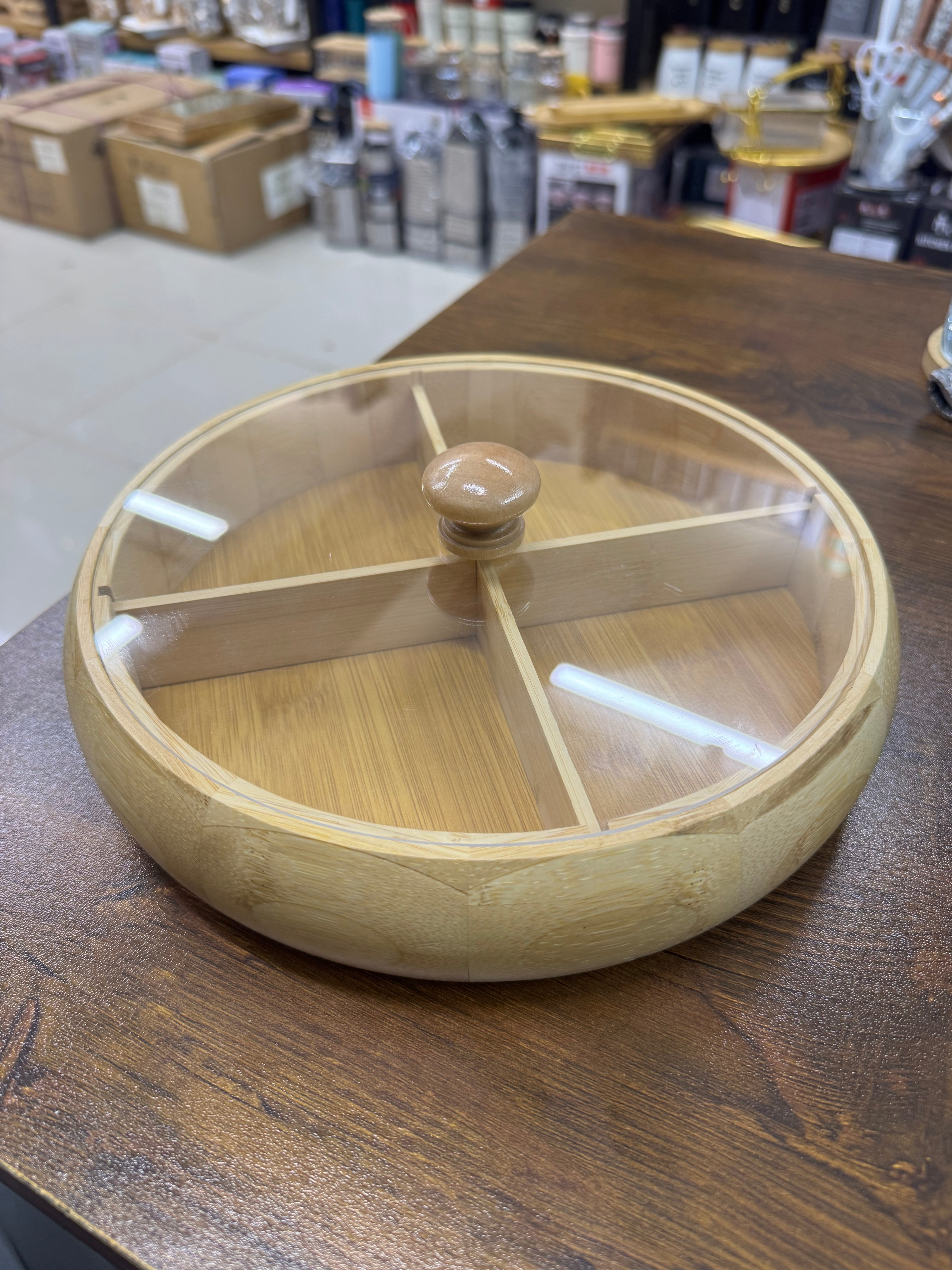 Natural Bamboo Compartmentalized Snack and Dried Fruit Serving Box with Transparent Lid