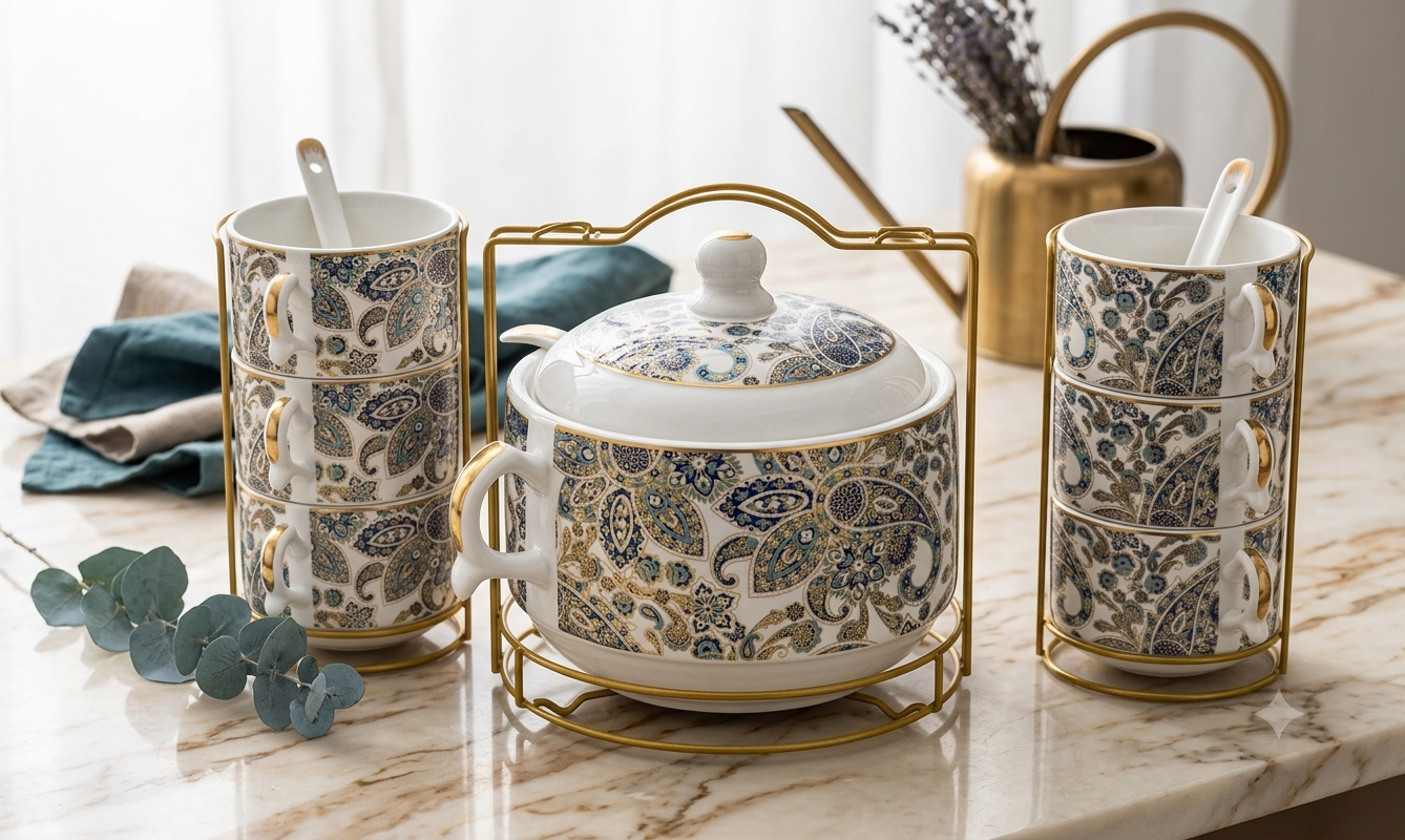 Royal Paisley 15-Piece Porcelain Soup Serving Set with Elegant Gold-Tone Display Stands