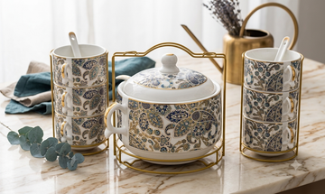 Royal Paisley 15-Piece Porcelain Soup Serving Set with Elegant Gold-Tone Display Stands