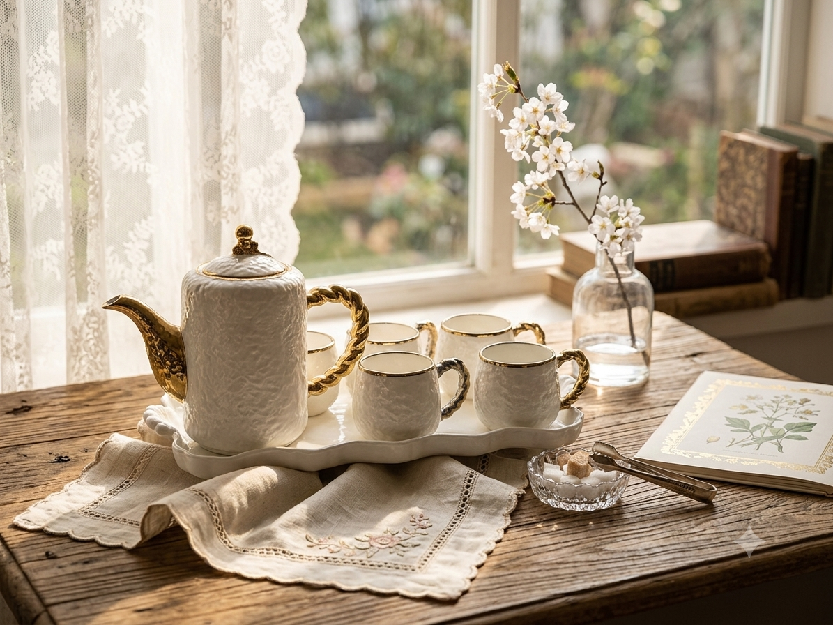 Vintage-Inspired Textured Ceramic Tea Set with Gold-Gilded Handles – 6-Piece Set with Tray