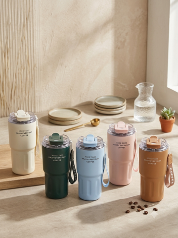 Coffee Tumbler with Carrying Strap & Leak-Proof Lid – Stainless Steel