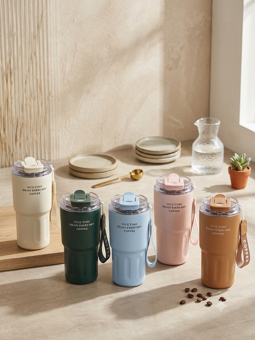 Coffee Tumbler with Carrying Strap & Leak-Proof Lid – Stainless Steel