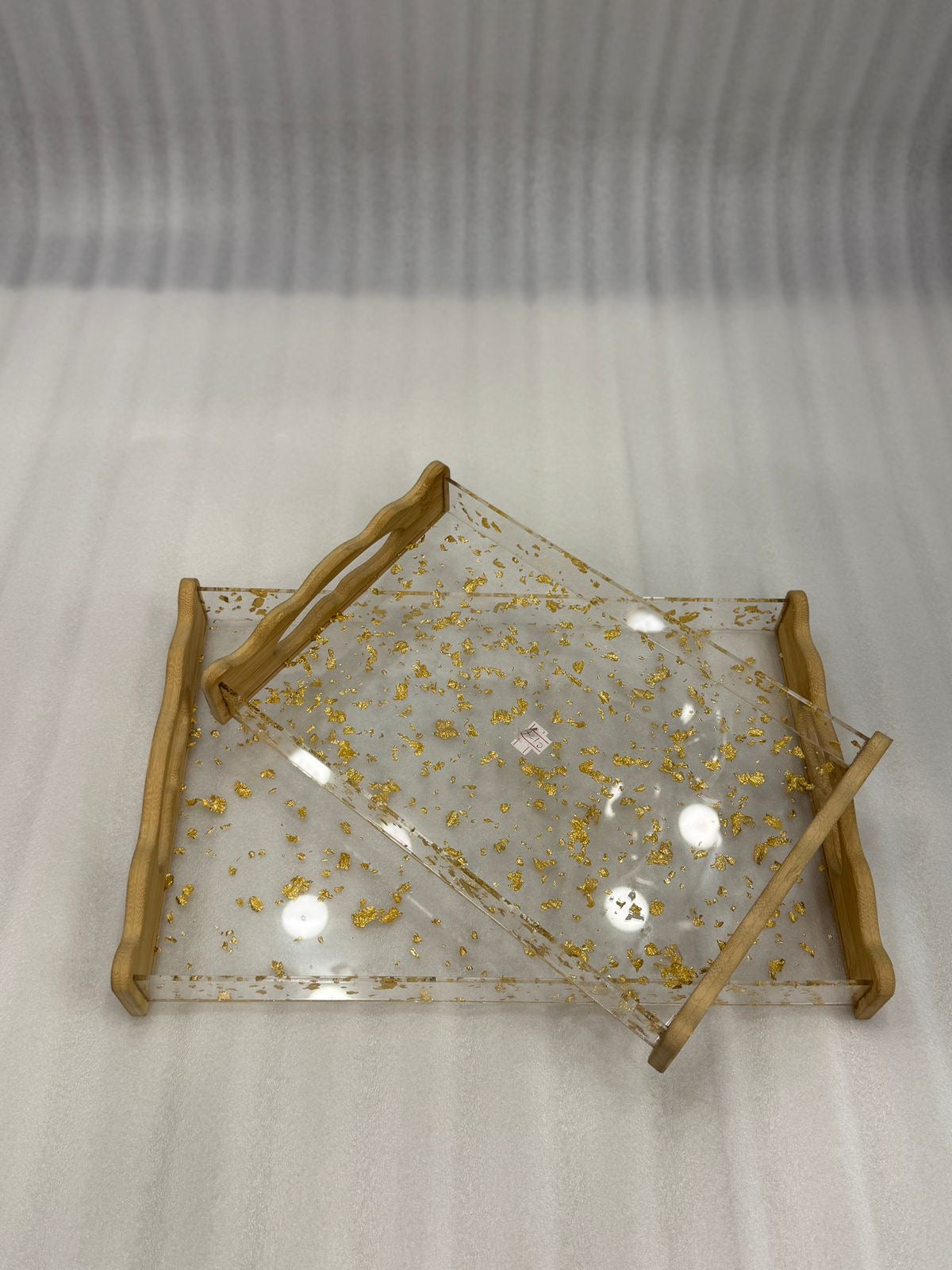 2-Pce Clear Acrylic Serving Tray Set with Gold Flakes & Bamboo Handles