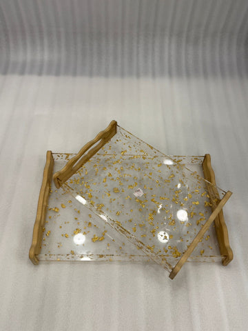 2-Pce Clear Acrylic Serving Tray Set with Gold Flakes & Bamboo Handles