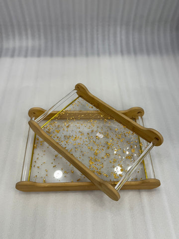 2-Pce Clear Acrylic Serving Tray Set with Gold Flakes & Bamboo Handles