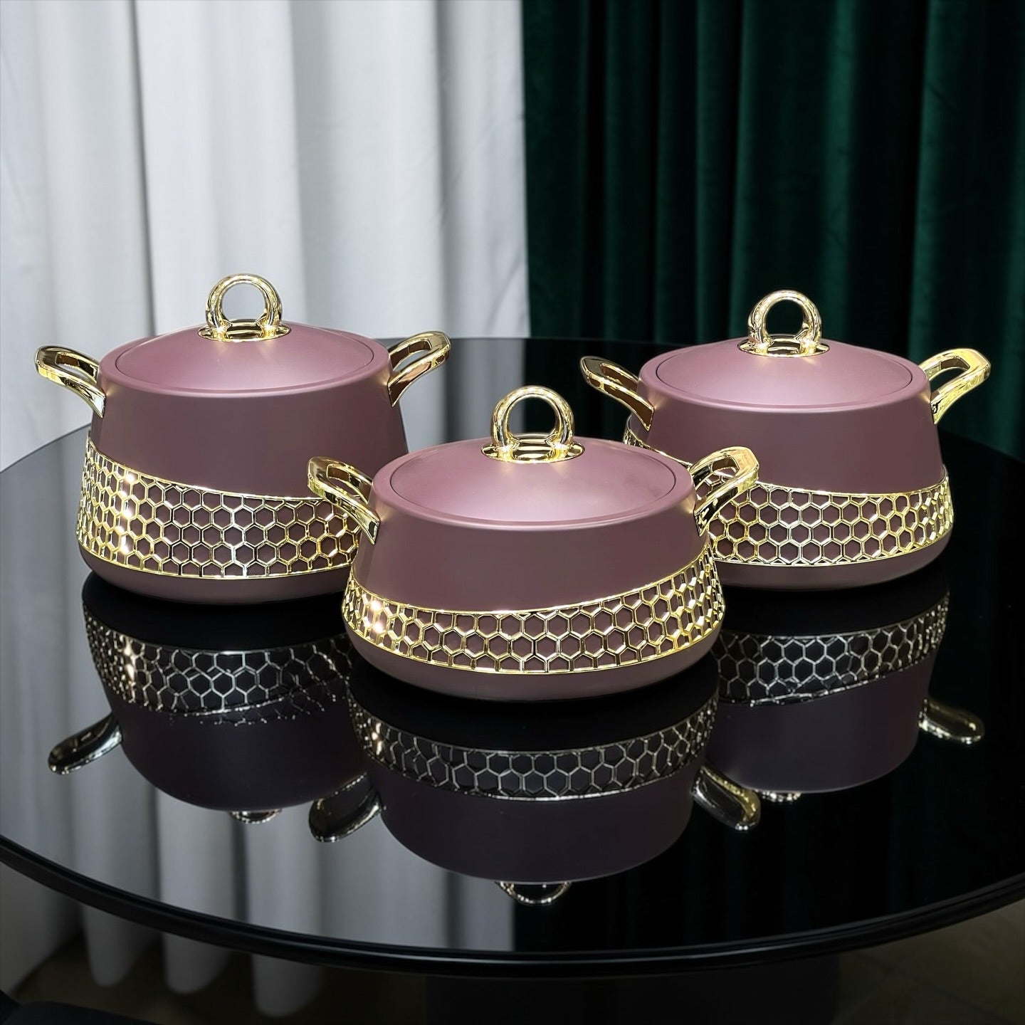 Premium 3-Piece Purple & Gold Honeycomb Insulated Food Warmer Set