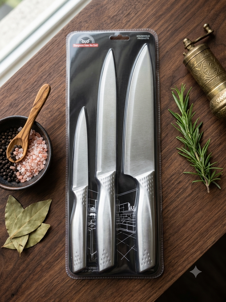 Premium 3-Piece Stainless Steel Kitchen Knife Set – Ultra-Sharp Chef, Carving & Utility Knives with Ergonomic Textured Handles