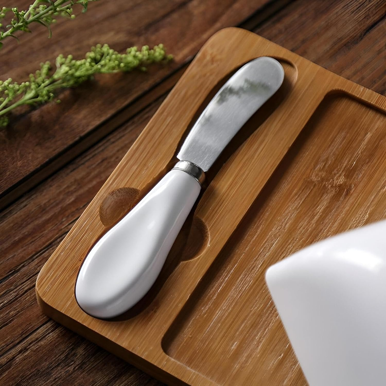 Butter and Cheese Plate with Wooden Base & Knife