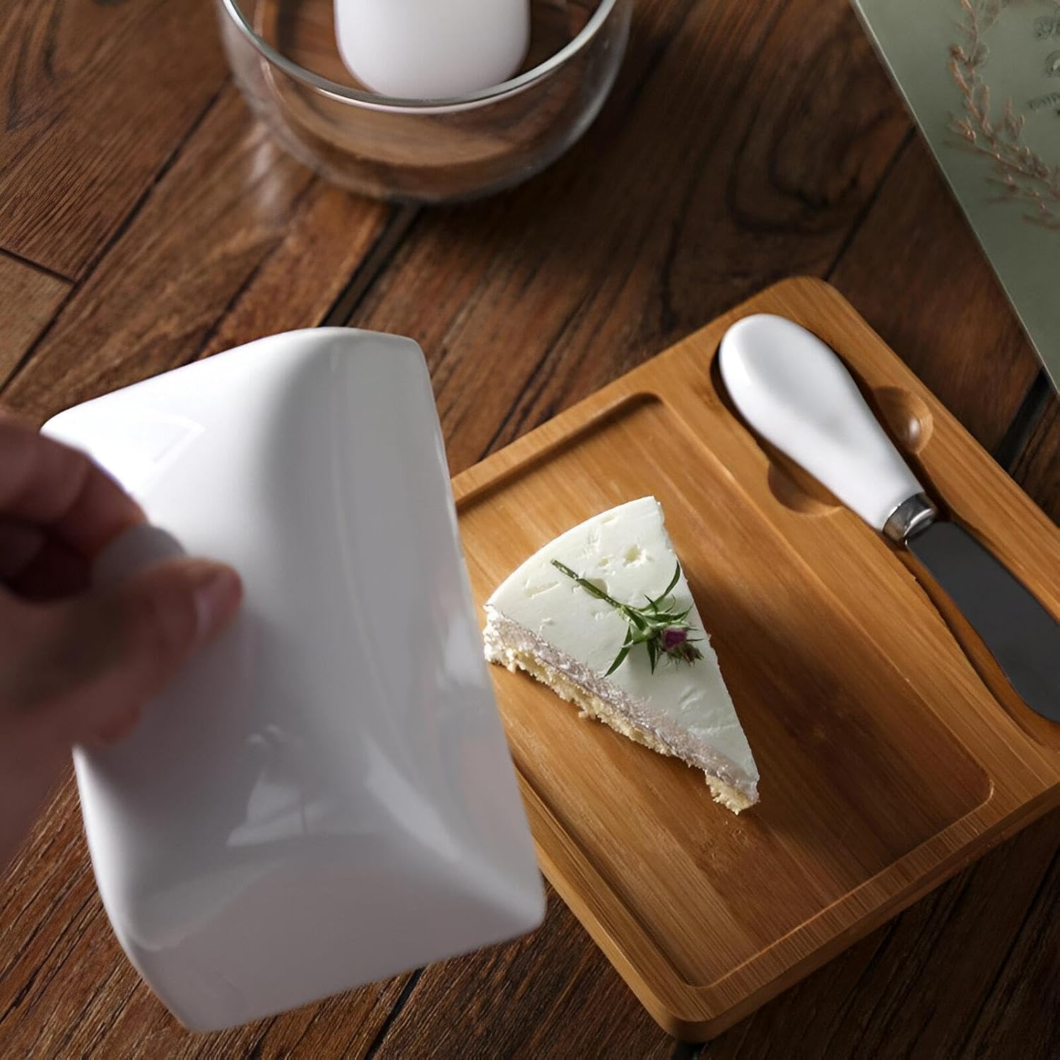 Butter and Cheese Plate with Wooden Base & Knife