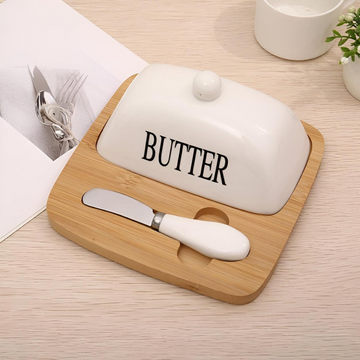 Butter and Cheese Plate with Wooden Base & Knife