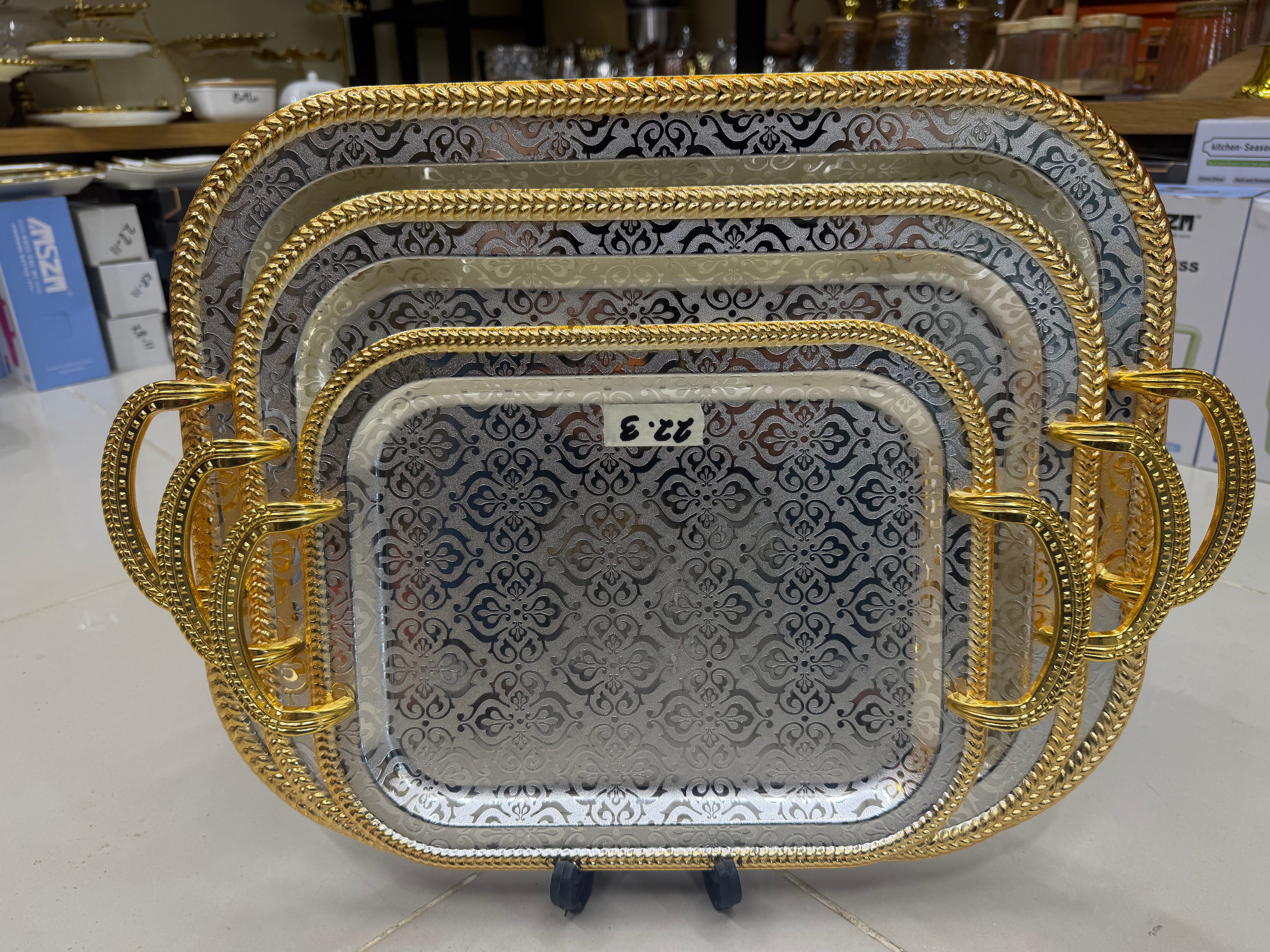 Royal Gold 3-Piece Stainless Steel Serving Tray Set (Premium 304 Grade)