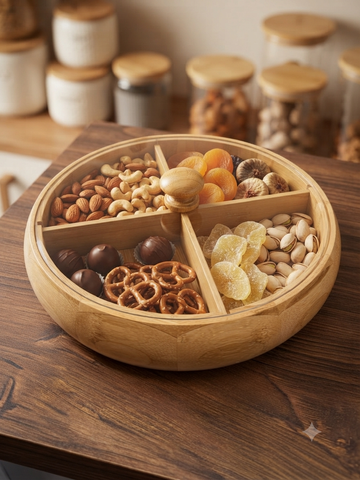 Natural Bamboo Compartmentalized Snack and Dried Fruit Serving Box with Transparent Lid