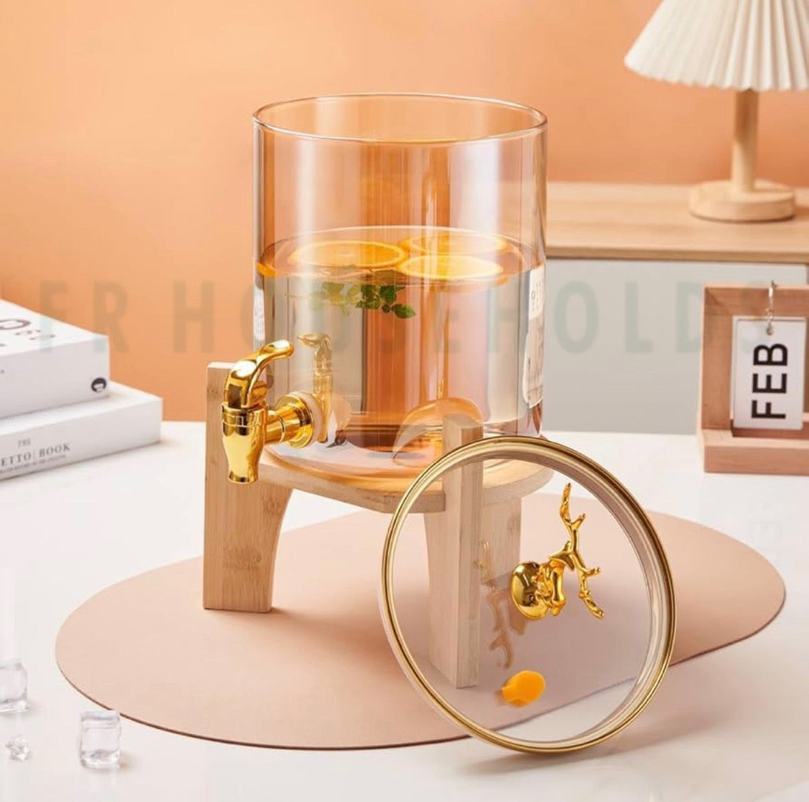 Premium Borosilicate Glass Beverage Dispenser with Wooden Stand – Amber Gold & Clear White (2.6L / 3.6L)