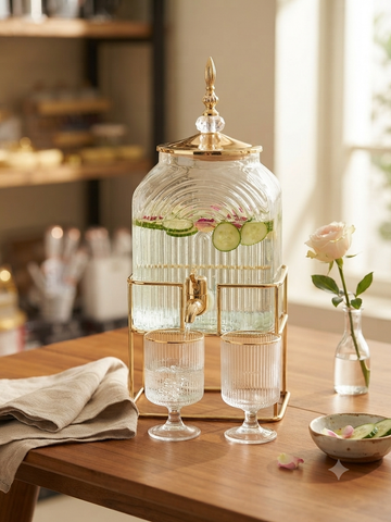 Elegance Ribbed Glass Beverage Dispenser with 6 Matching Glasses