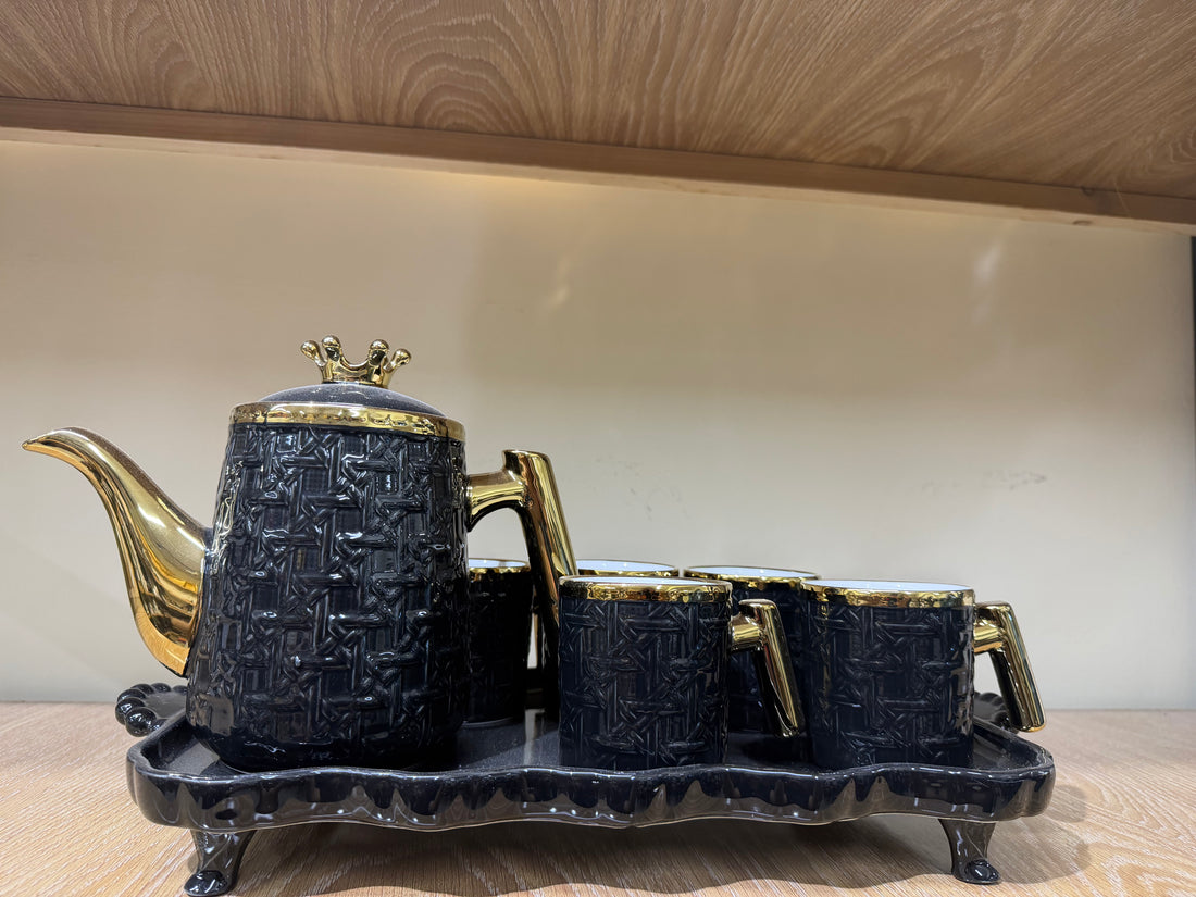 The Royal Crown 7-Piece Ceramic Tea Set – Black & Gold