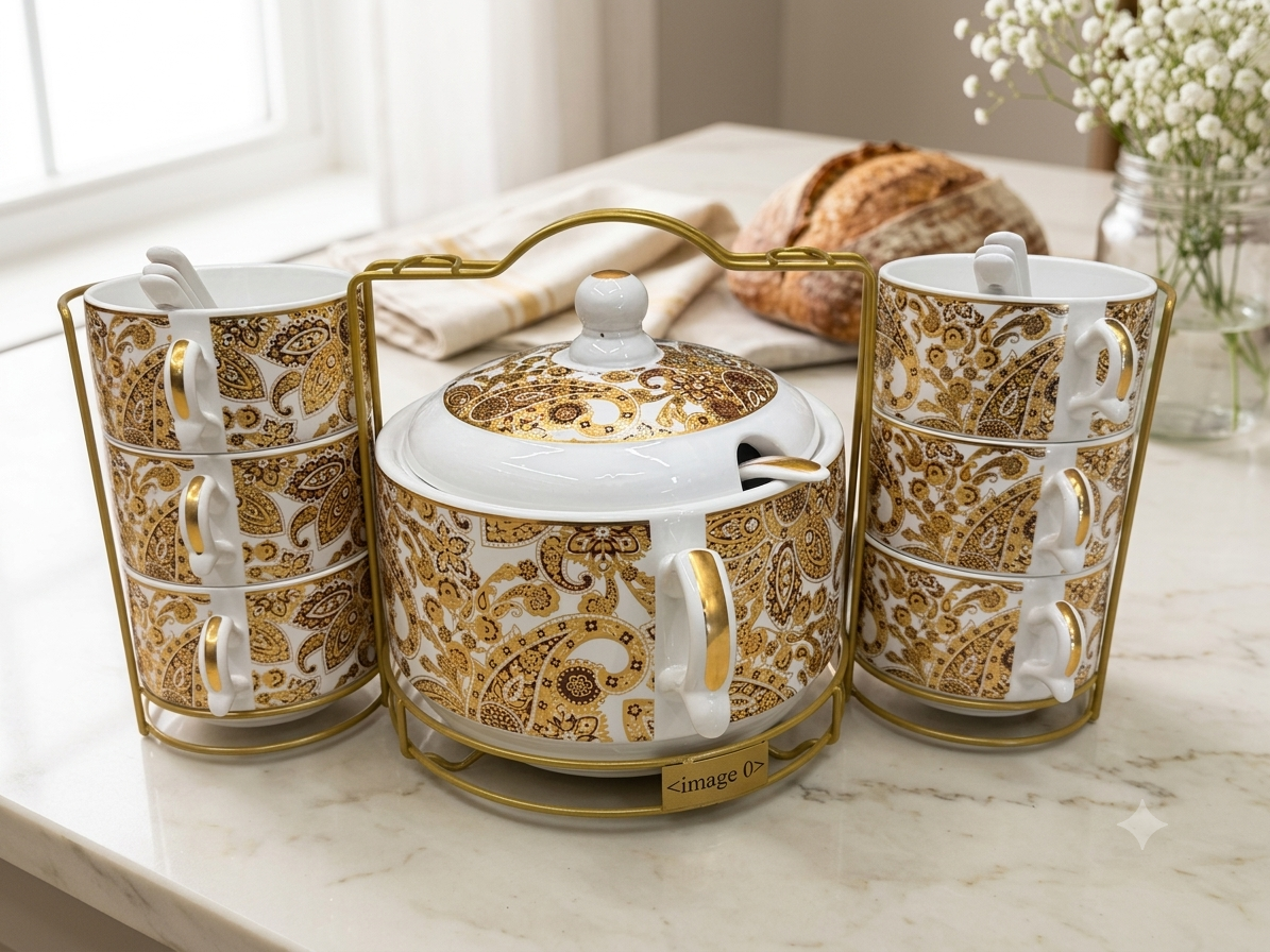 Golden Paisley 15-Piece Ceramic Soup and Mug Serving Set