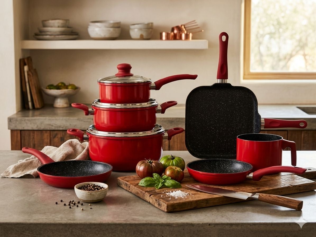 Premium 10-Piece Non-Stick Granite Cookware Set – Vibrant Cherry Red