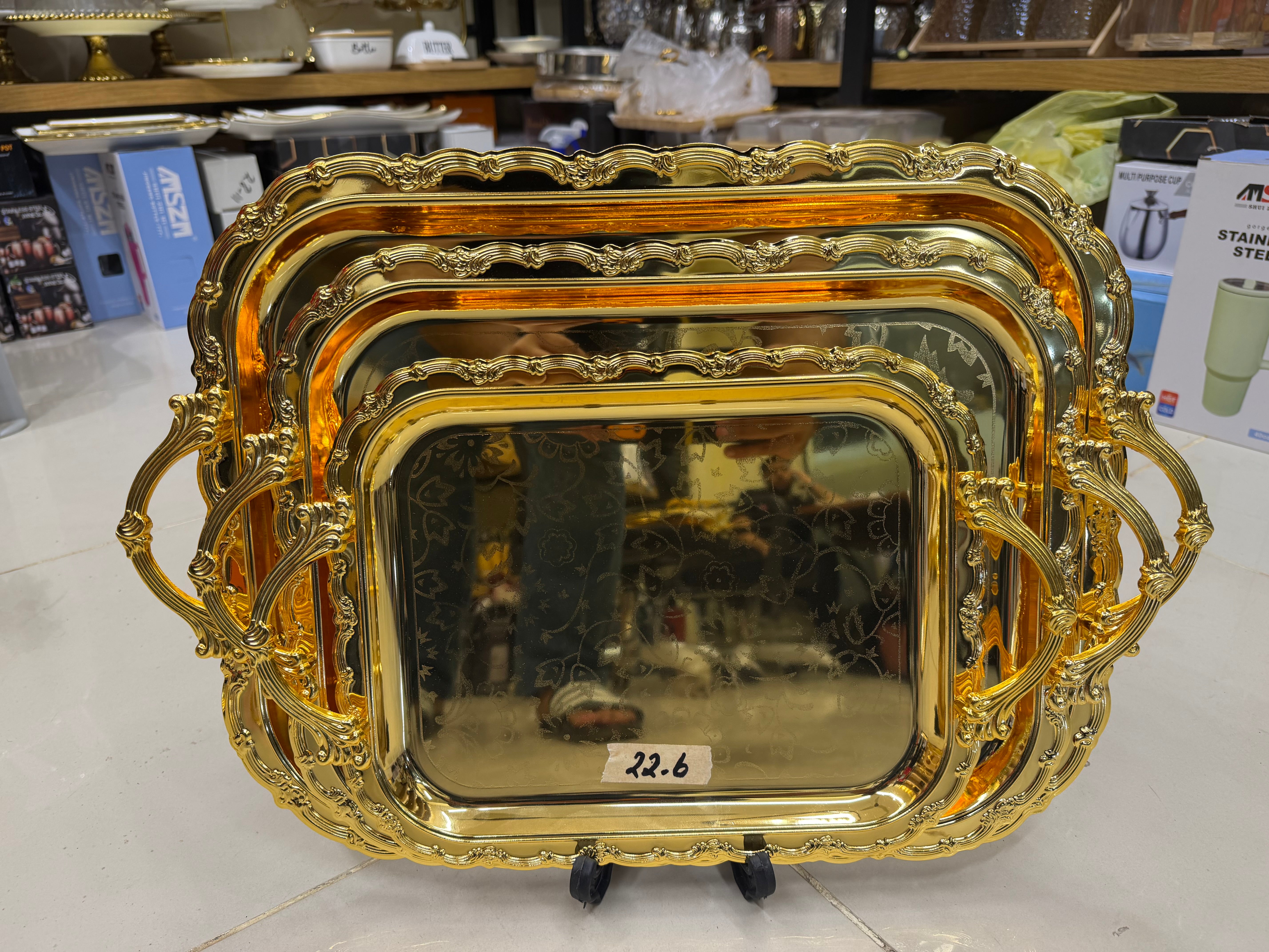 Royal Gold 3-Piece Stainless Steel Serving Tray Set (Premium 304 Grade)