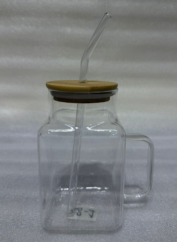 Square Glass Mug with Bamboo Lid and Glass Straw