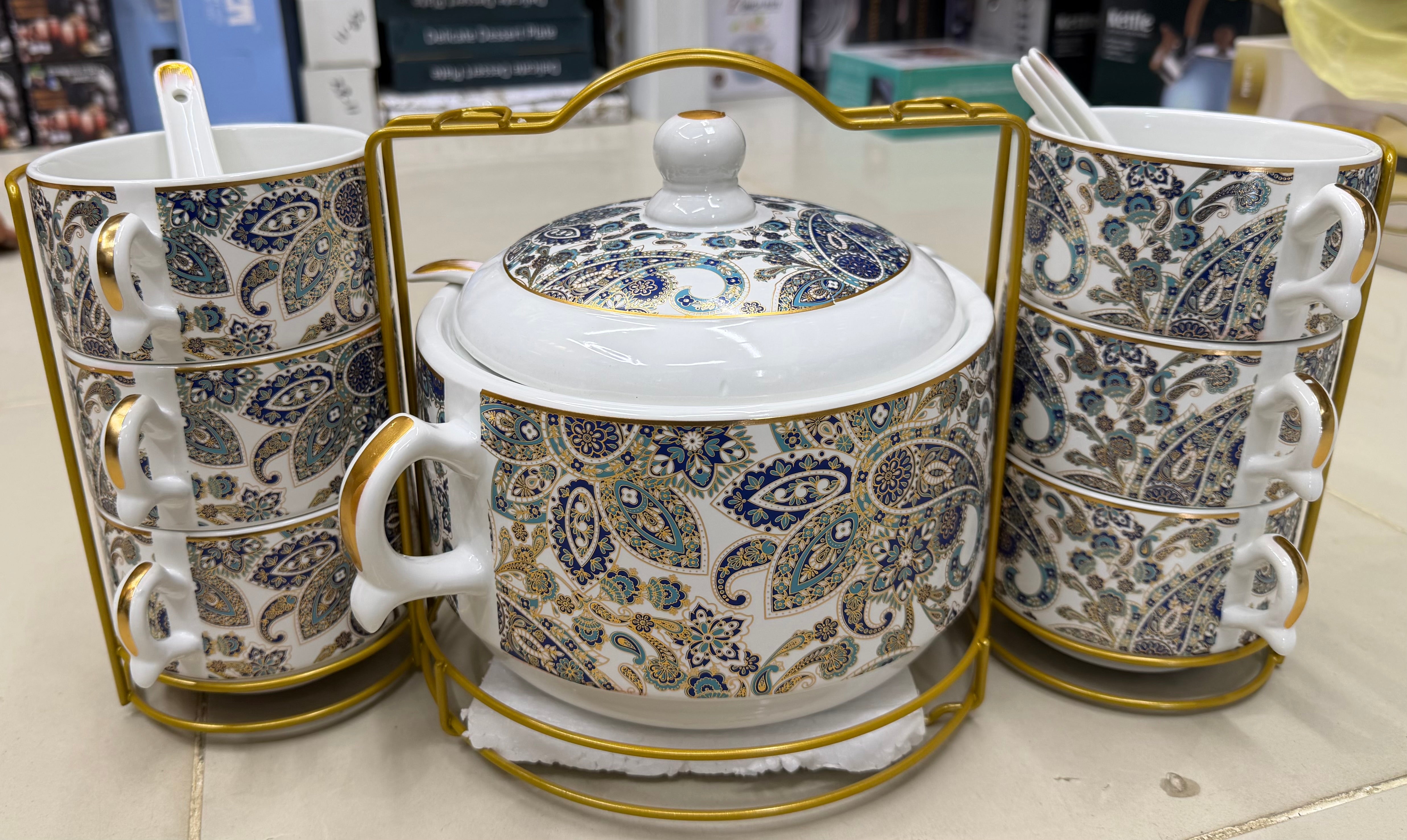 Royal Paisley 15-Piece Porcelain Soup Serving Set with Elegant Gold-Tone Display Stands