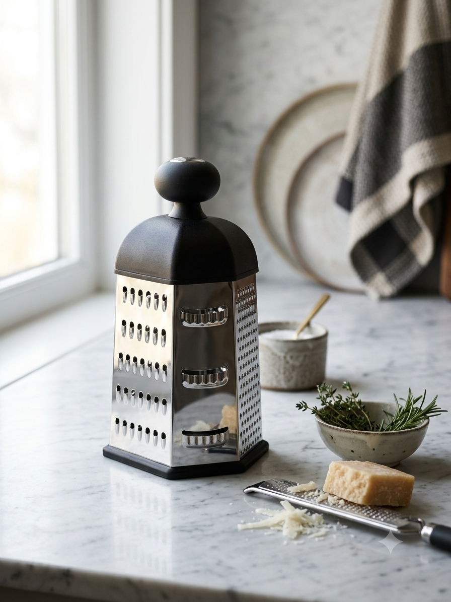 6-Side Stainless Steel Hex Box Grater with Ergonomic Knob Handle & Non-Slip Base