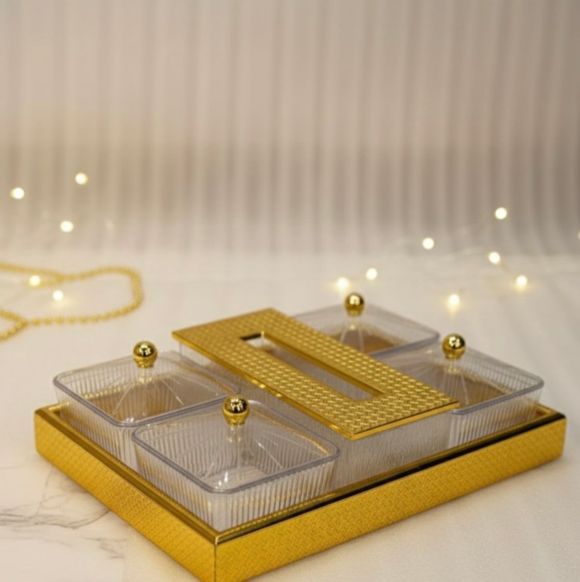 Luxurious Gold-Trimmed Acrylic Nut & Snack Box Set with Serving Tray