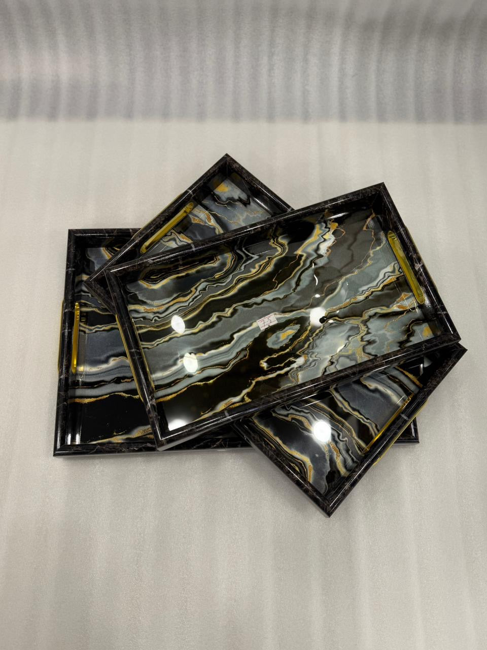 Luxury Black & Gold Marble Effect Serving Tray Set – 3 Pcs Nested Trays with Gold Handles