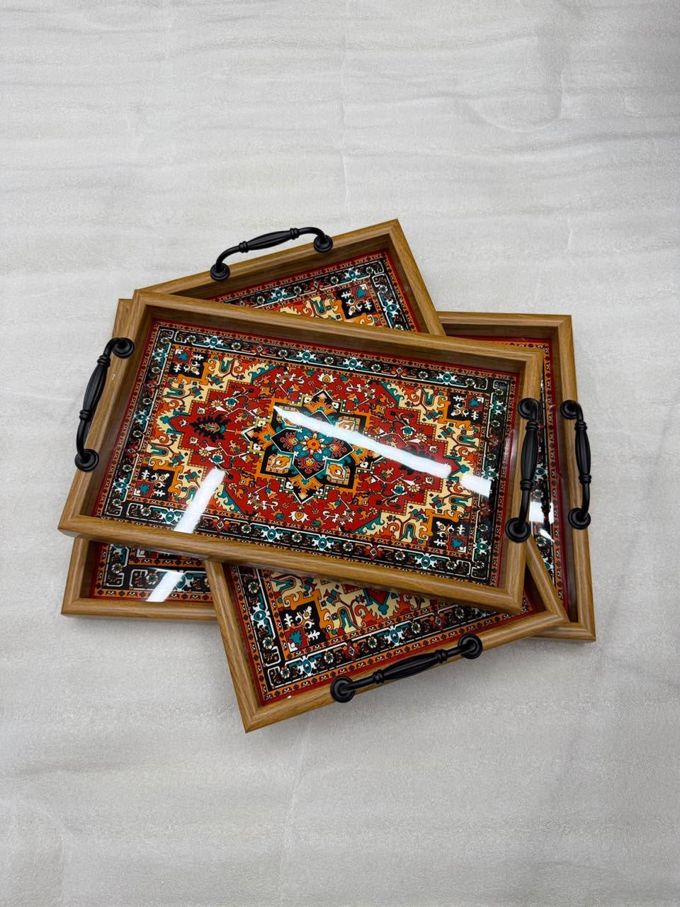 3-Piece Vintage Fiber Serving Tray Set with Ornate Carpet Design & Handles