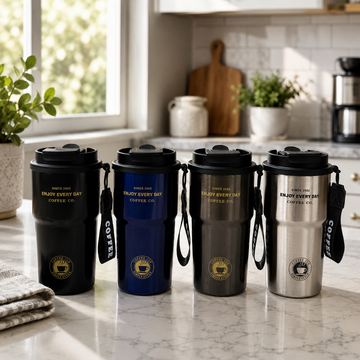 "Enjoy Every Day" Insulated Travel Mug | Stainless Steel Coffee Cup with Strap