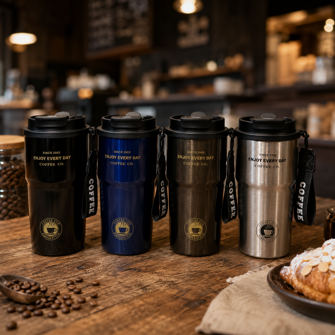 "Enjoy Every Day" Insulated Travel Mug | Stainless Steel Coffee Cup with Strap
