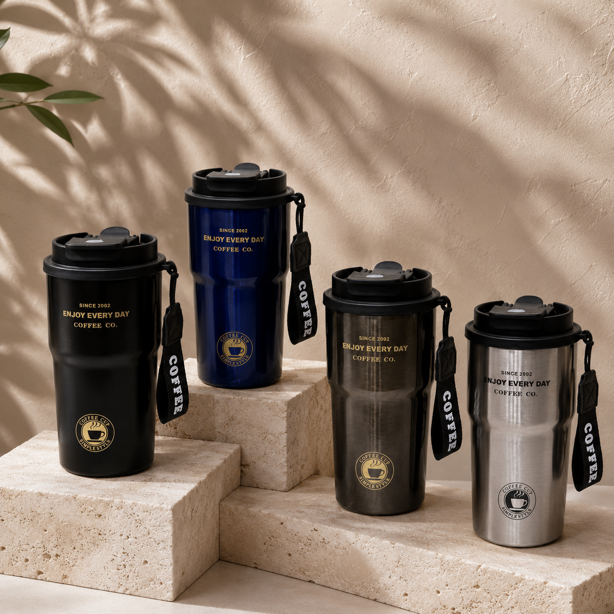 "Enjoy Every Day" Insulated Travel Mug | Stainless Steel Coffee Cup with Strap