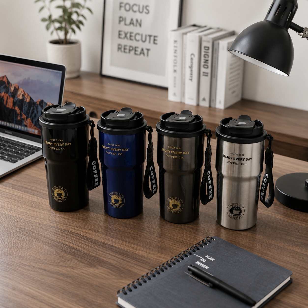 "Enjoy Every Day" Insulated Travel Mug | Stainless Steel Coffee Cup with Strap