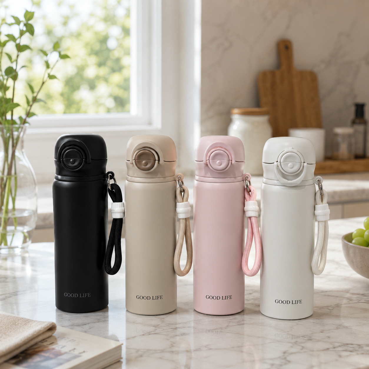 "Good Life" Portable Water Bottle with Strap | Sleek Travel Flask