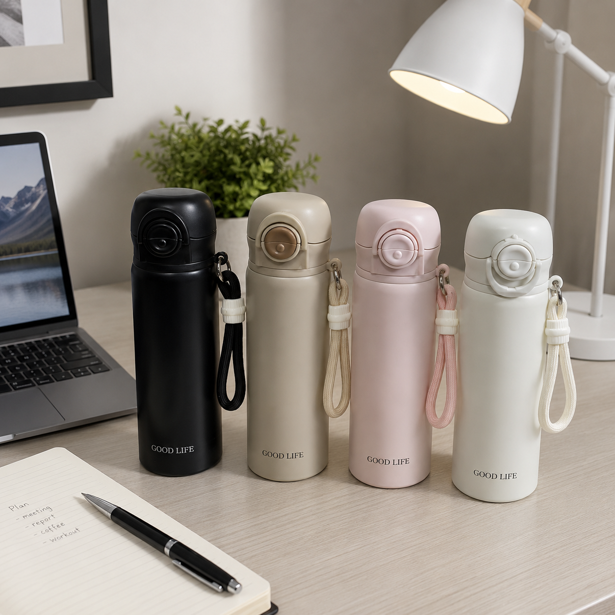 "Good Life" Portable Water Bottle with Strap | Sleek Travel Flask