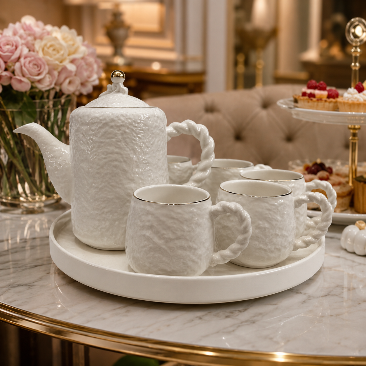 Nordic Minimalist White Crushed Texture Tea Service