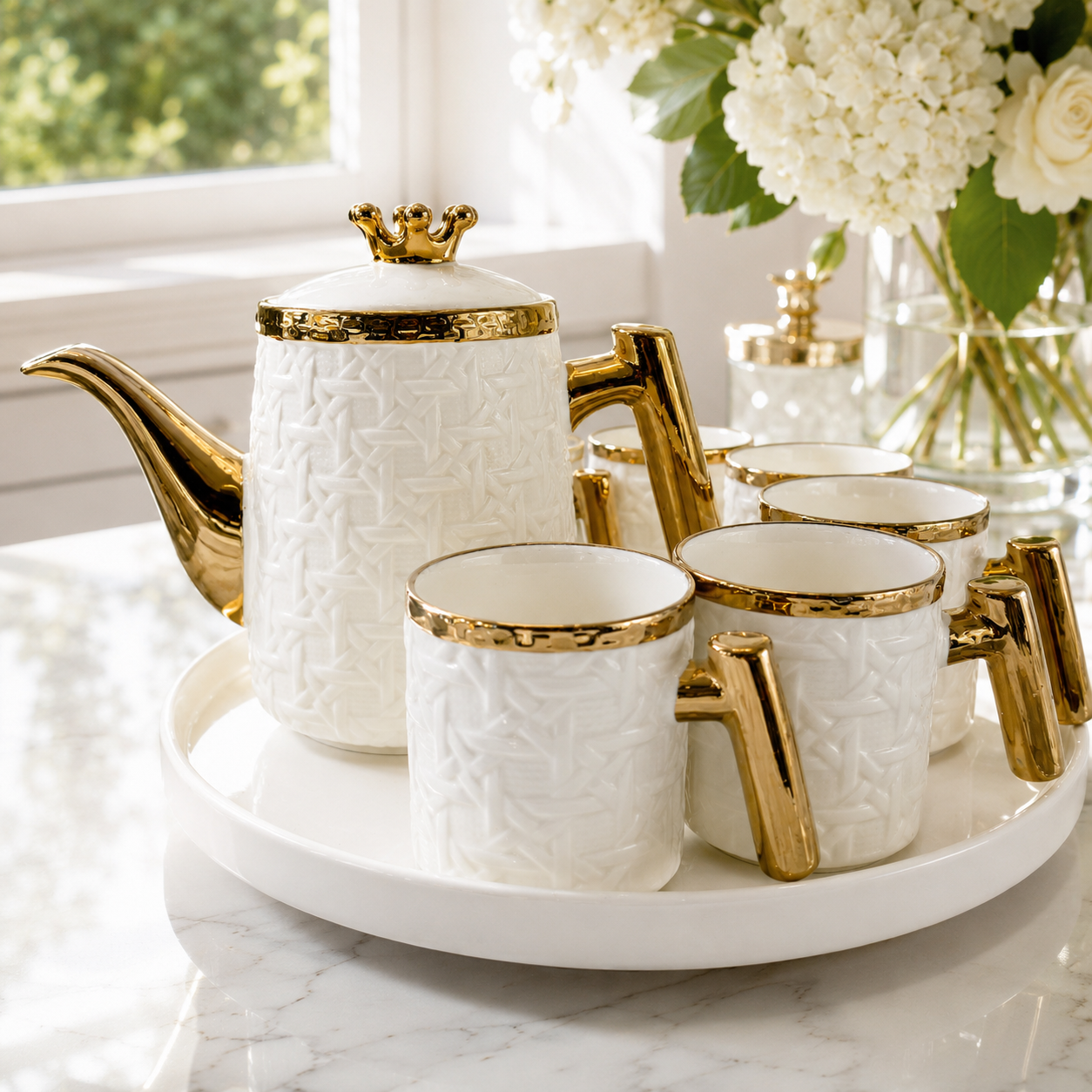 Luxury Embossed Basketweave White & Gold Ceramic Tea Set with Tray