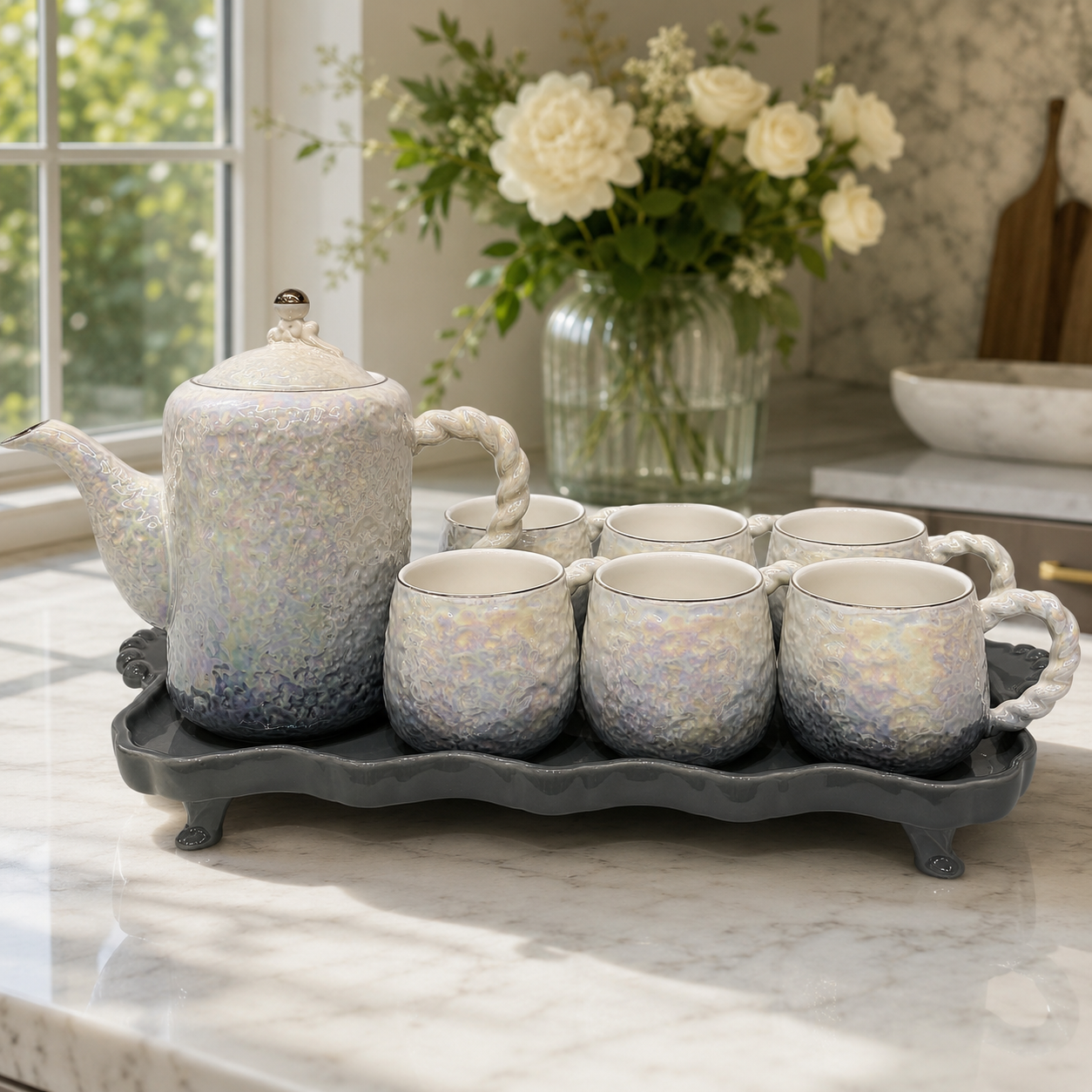 Luxury Iridescent Pearl Ceramic Tea Set with Footed Serving Tray