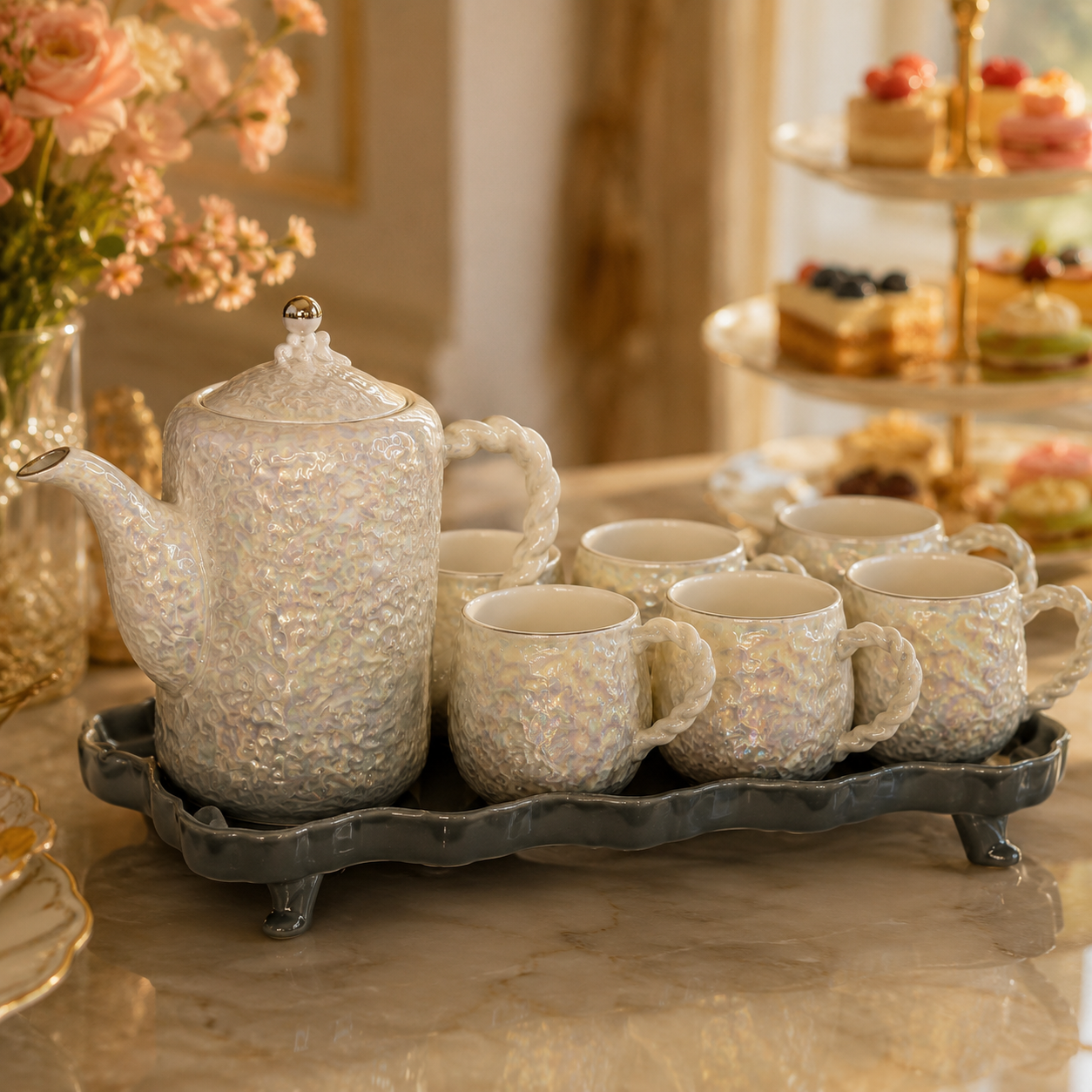 Luxury Iridescent Pearl Ceramic Tea Set with Footed Serving Tray