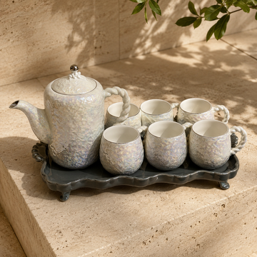 Luxury Iridescent Pearl Ceramic Tea Set with Footed Serving Tray