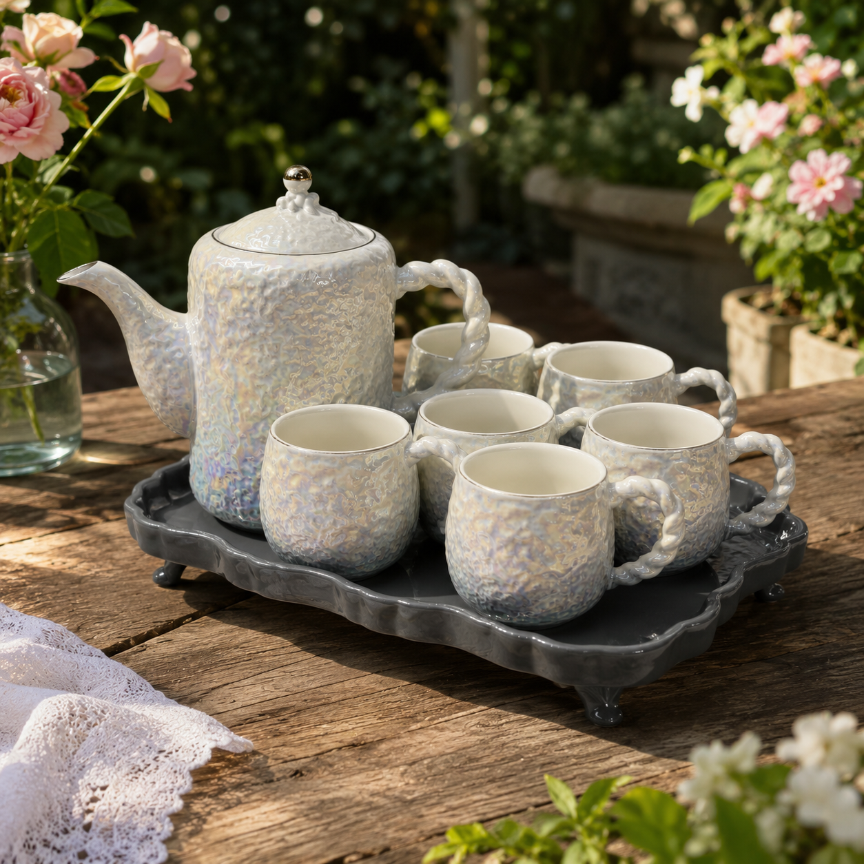 Luxury Iridescent Pearl Ceramic Tea Set with Footed Serving Tray