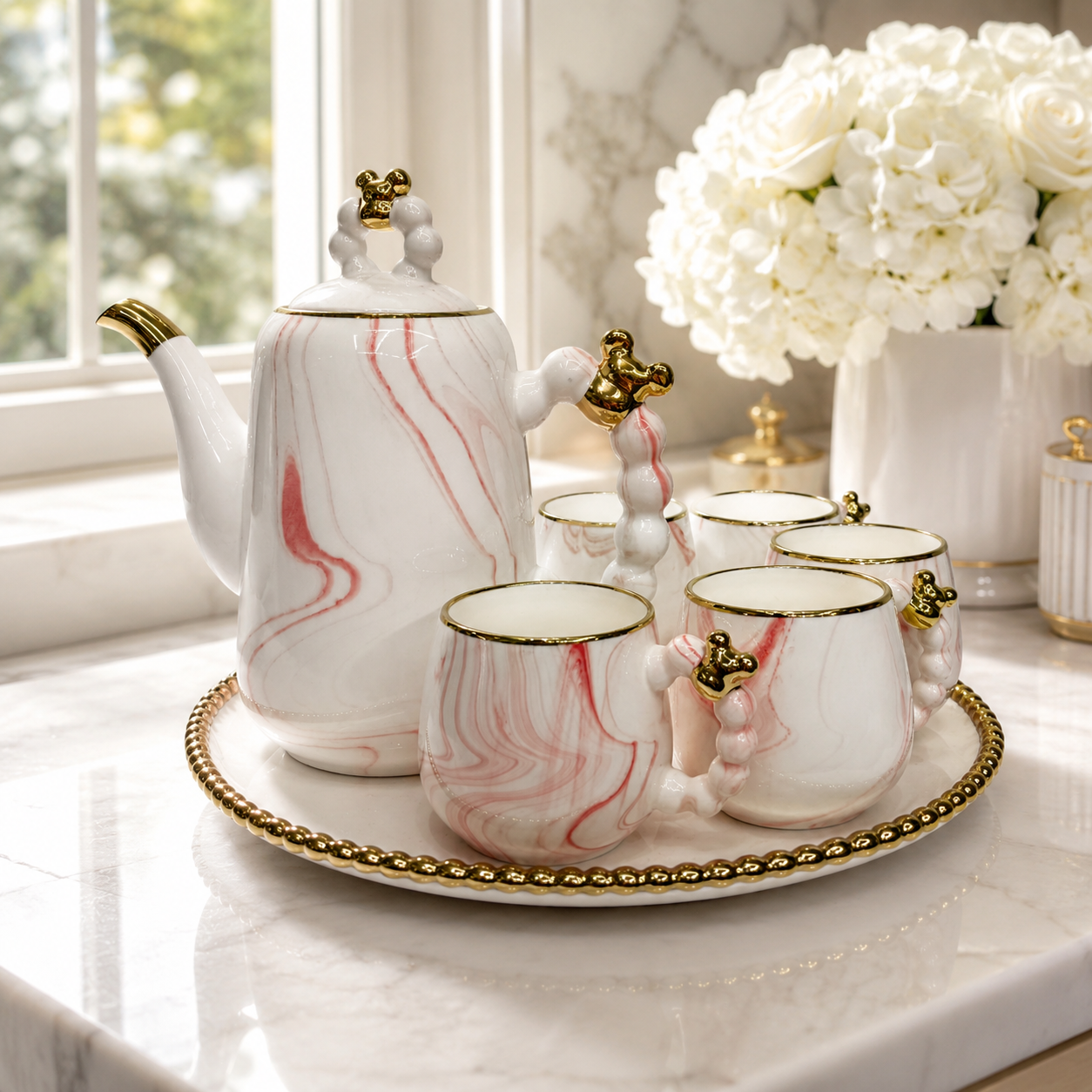 Luxury Pink Marble Ceramic Tea Set with Beaded Gold Trim Tray