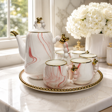 Luxury Pink Marble Ceramic Tea Set with Beaded Gold Trim Tray